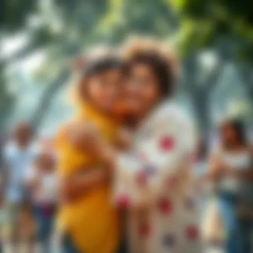 A young girl joyfully embraces her grandmother, Abuela, in a crowded park filled with onlookers, capturing a heartwarming moment of family love.