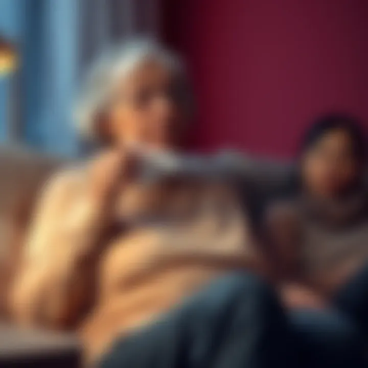 An elderly woman sitting on a couch, holding a tissue to her nose, looking concerned while discussing a move with family members.