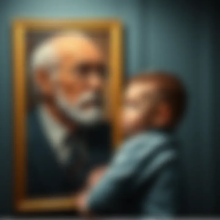 A thoughtful person looking at a portrait of their grandfather while holding a baby brother, contemplating reincarnation.