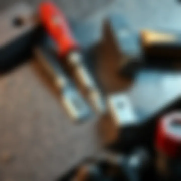 Various tools used for carving granite, including chisels and a hammer on a stone surface.