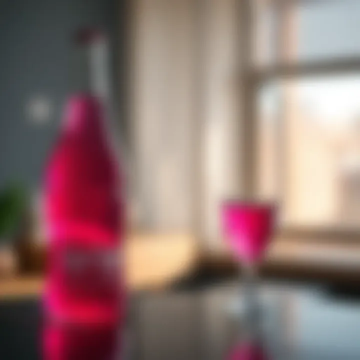 A close-up of a bottle of grape soda on a table with a glass filled with the drink beside it.