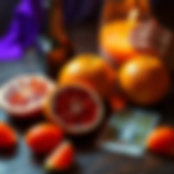 A table with grapefruits and a tarot card, suggesting a psychic reading and a mysterious curse.