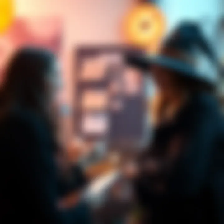 A graphic design student interviewing a person who identifies as a witch, with creative design elements in the background.