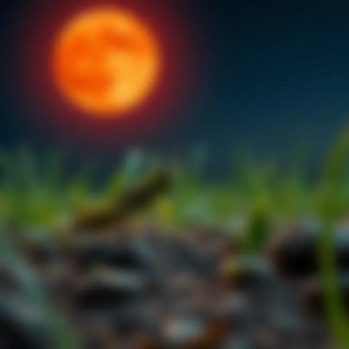 A grasshopper sitting on the ground illuminated by a bright Blood Moon in the night sky, symbolizing change and life decisions.