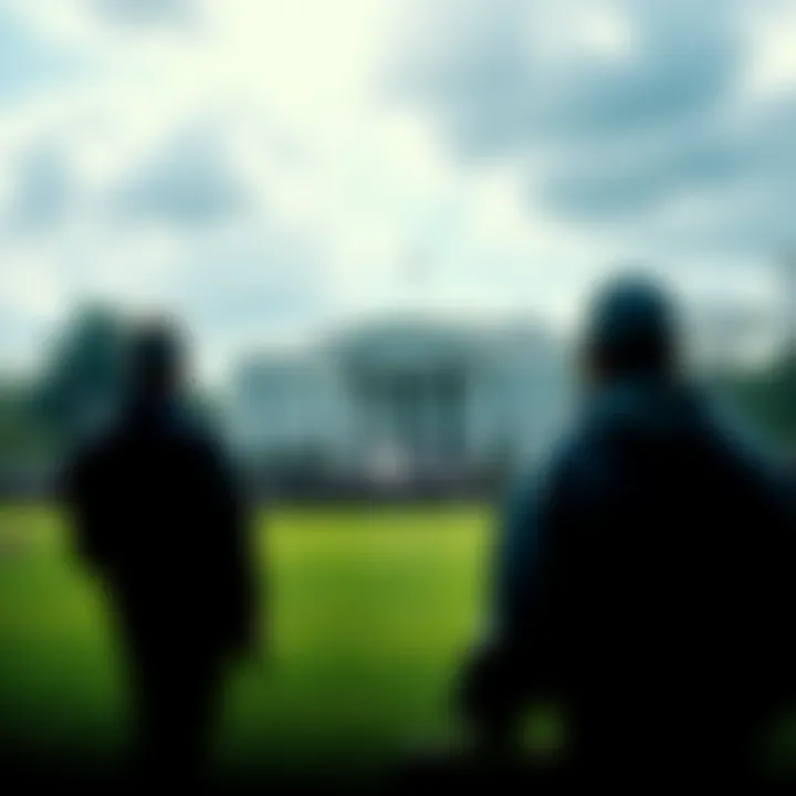 View of the grassy knoll with two people in the foreground and a background of a crowd, suggesting a hidden shooter nearby.