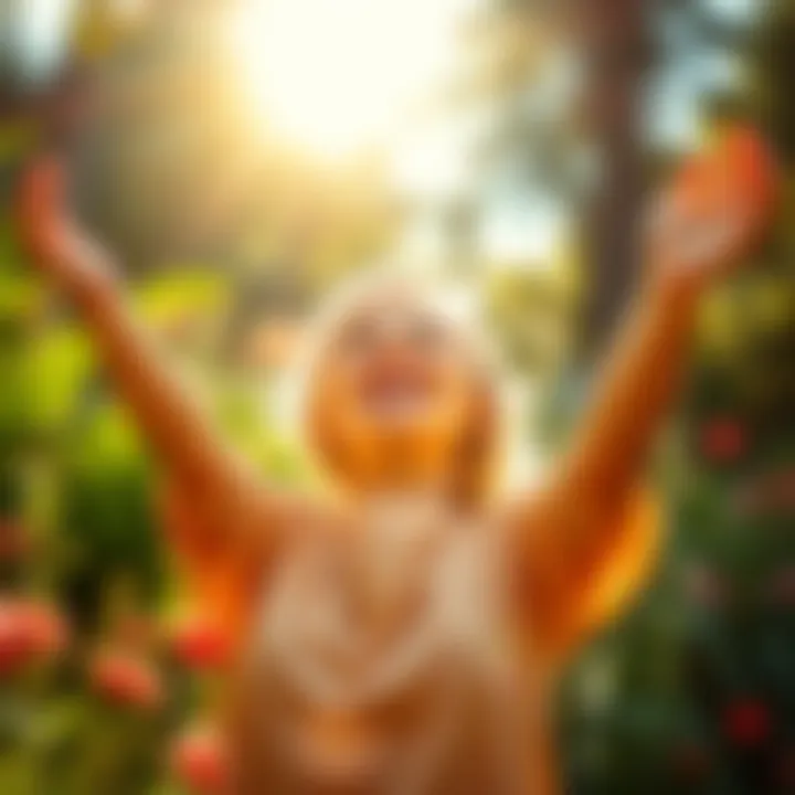 A person with a warm smile, hands raised in gratitude, surrounded by nature, basking in sunlight.