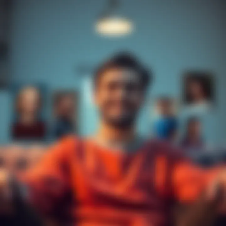 A person smiling in their new apartment, surrounded by photos of five significant figures representing support and guidance.