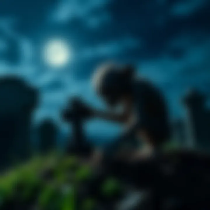 A small, ape-like creature digging at a grave under a full moon in Kentucky