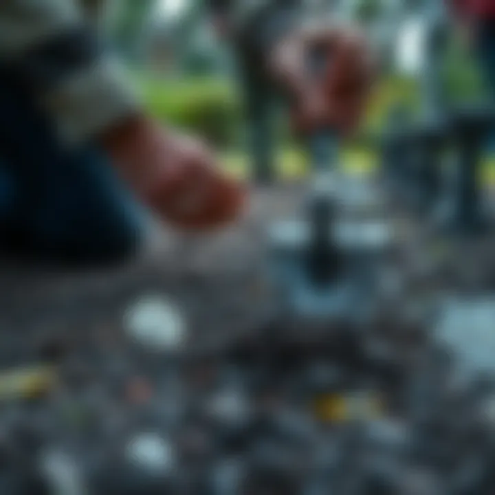 A person kneeling at a grave, collecting dirt with a small shovel while placing a silver dime nearby as an offering.