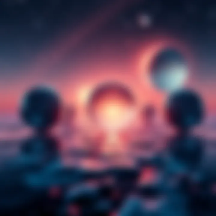 A visual representation of gravity as a force connecting different spheres, illustrating the idea of gravity as a reflection of reality.