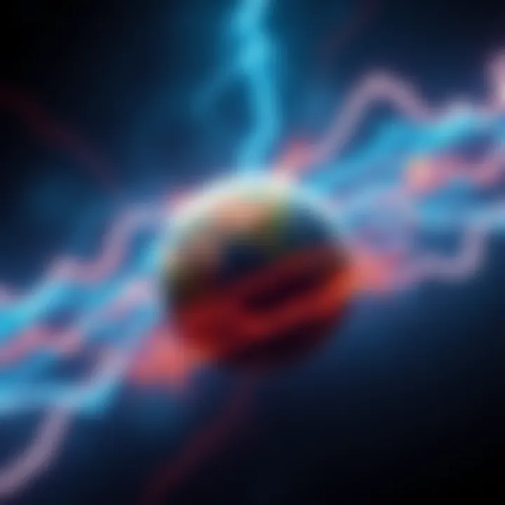 A visual representation of gravity being influenced by electric fields, showing a planet surrounded by swirling electromagnetic waves.