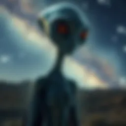 A depiction of a Gray alien with large eyes and a slender body, standing in front of a starry night sky.