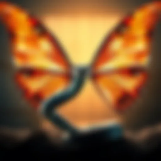 A gray snake slithers through a pair of butterfly-winged doors, symbolizing fear and personal growth.