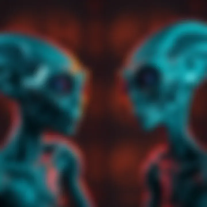 Two gray aliens looking at each other with varied expressions, one appears curious while the other shows concern.