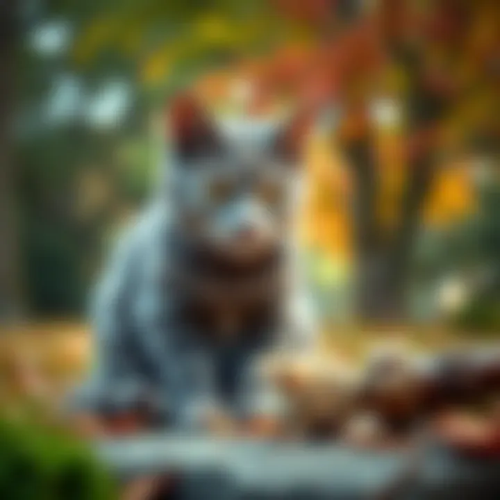A gray cat holding a mouse in its mouth, sitting near a wizard crafting a magic wand in a park.