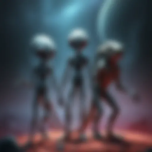 Illustration showing a Gray alien, a Mantid alien, and a Reptilian alien standing together in a cosmic setting