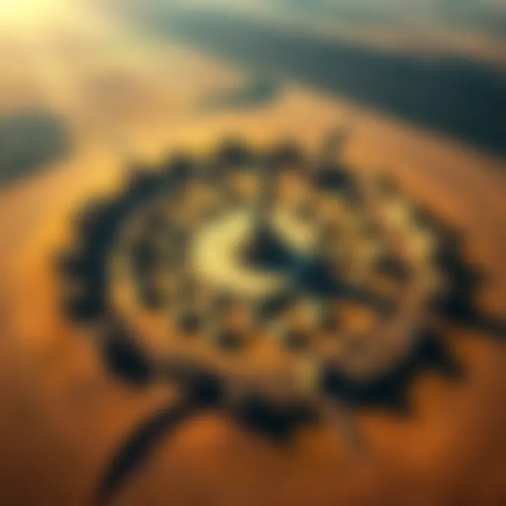 Aerial view of ancient monuments arranged in a circular formation, showcasing the patterns of construction across different regions.