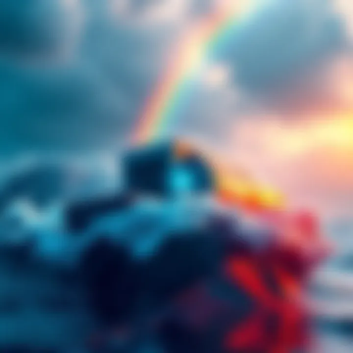 A symbolic representation of the Great Flood with a digital twist, featuring an ark as a data vault surrounded by waves and a rainbow signifying completion.