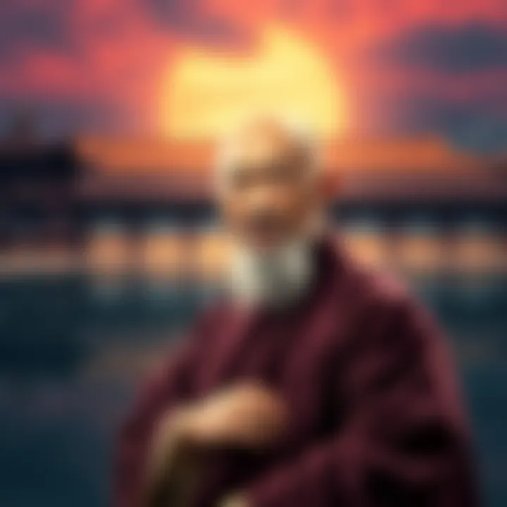 Great Master Hsu Yun Portrait of Great Master Hsu Yun in traditional monk robes, set against a serene temple backdrop, reflecting a long life of wisdom.