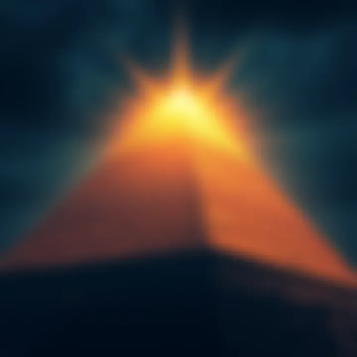 The capstone of the Great Pyramid, glowing with energy, symbolizing human consciousness evolution.
