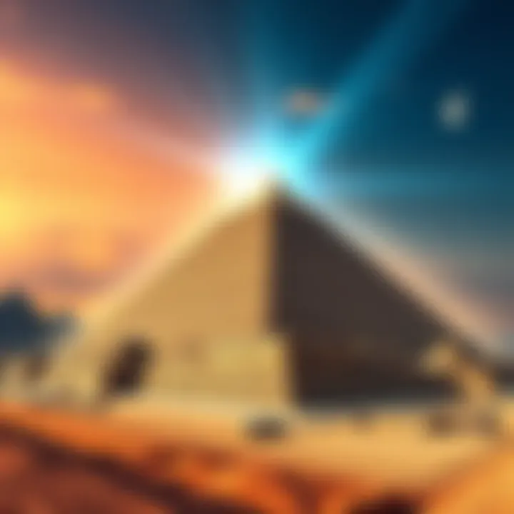 The Great Pyramid of Giza emitting energy rays, symbolizing ancient power generation theories