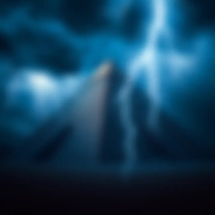 The Great Pyramid being struck by lightning, creating vibrations and sound, with a dramatic stormy sky in the background.