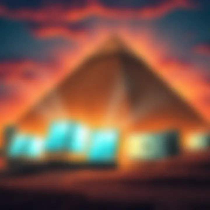 An illustration of the Great Pyramid with energy beams and ancient technology elements