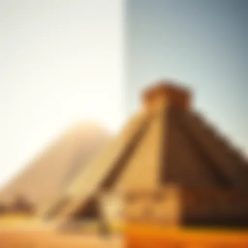 Side-by-side view of the Great Pyramid of Giza and the Pyramid of the Sun in Teotihuacan, showcasing their unique shapes and structures in bright sunlight.