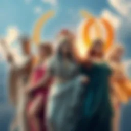 A collage of Greek deities representing various archetypes, with symbols like olive branches and laurel wreaths in the background.