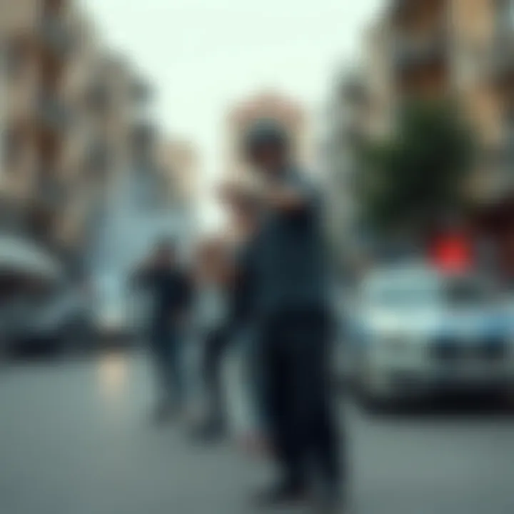Greek Gang Activity A group of men in casual clothes gathered in an urban setting, displaying gang symbols and gestures. Nearby, a police car is seen responding to the situation.