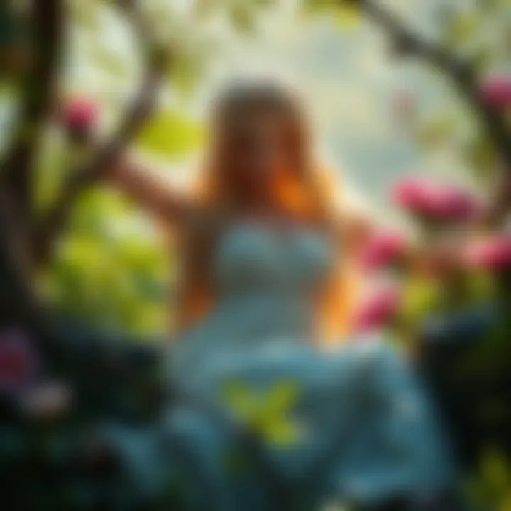 A serene depiction of a Greek goddess surrounded by lush greenery and flowers, symbolizing her connection to nature and the afterlife.