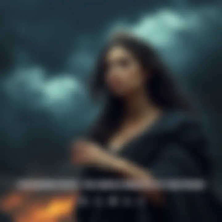 A depiction of Oizys, the Greek goddess of suffering, with dark flowing robes and a solemn expression, set against a backdrop of stormy skies.