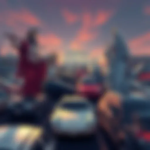 An illustration of Hermes and Dionysus in a busy parking lot, with cars parked chaotically around them, symbolizing luck and chaos in parking situations.