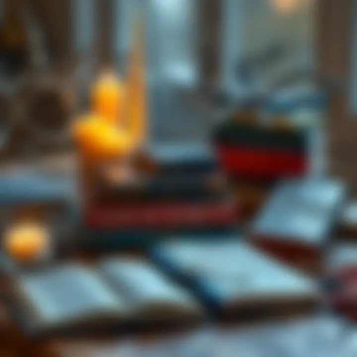 A collection of books and videos related to Greek paganism on a table, with candles and natural elements in the background