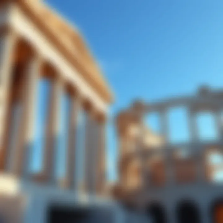 A comparison of Greek and Roman temples showcasing their architectural styles, with Greek columns on one side and Roman arches on the other, framed by a clear blue sky.