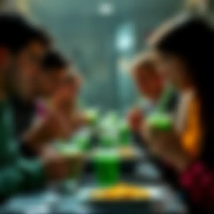 People sampling various green-flavored foods and drinks during a taste test session