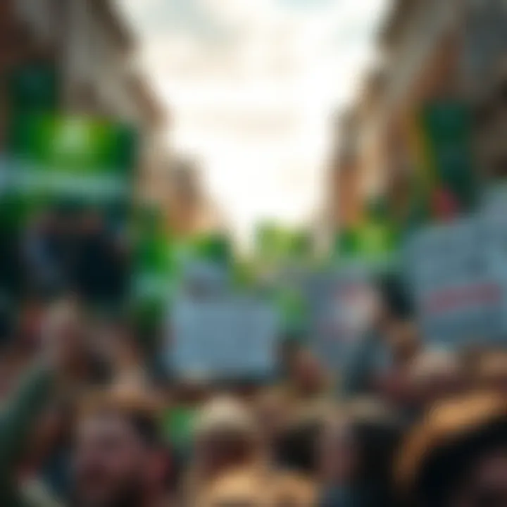 A crowd at a Green Party rally holding signs promoting environmental issues and party values.