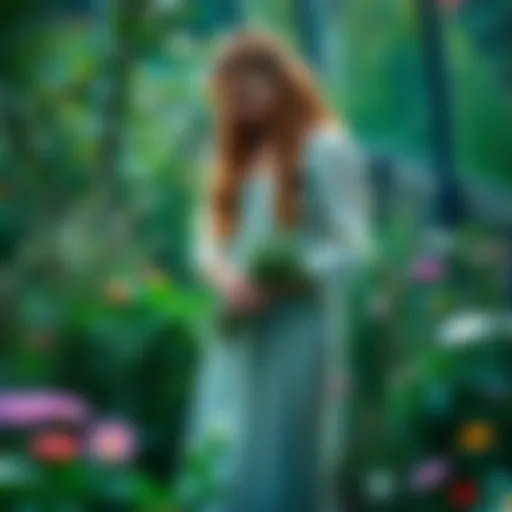 A person with long hair wearing a flowing dress is collecting herbs in a garden, surrounded by plants and flowers.