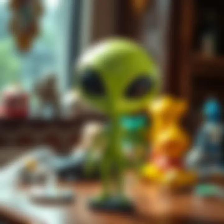Green Alien Bobblehead A green alien bobblehead with large almond-shaped eyes, standing on a table with other collectibles around it
