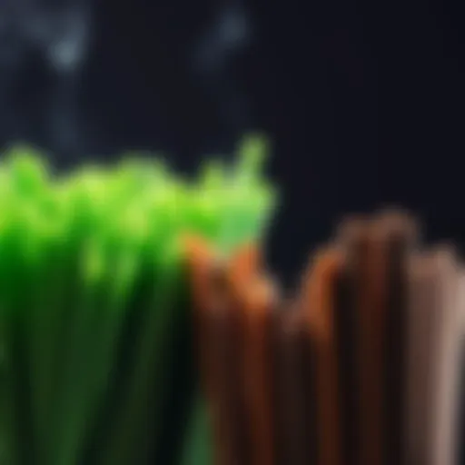 Comparison of green incense sticks from a large Shoyeido pack next to brown incense sticks from a smaller pack