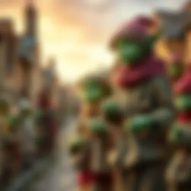 Two green-skinned children in unusual clothes, standing in a village surrounded by curious villagers, with beans in their hands.