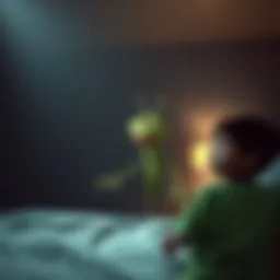 A green creature with big red smile standing in a dimly lit bedroom, looking at a surprised child.