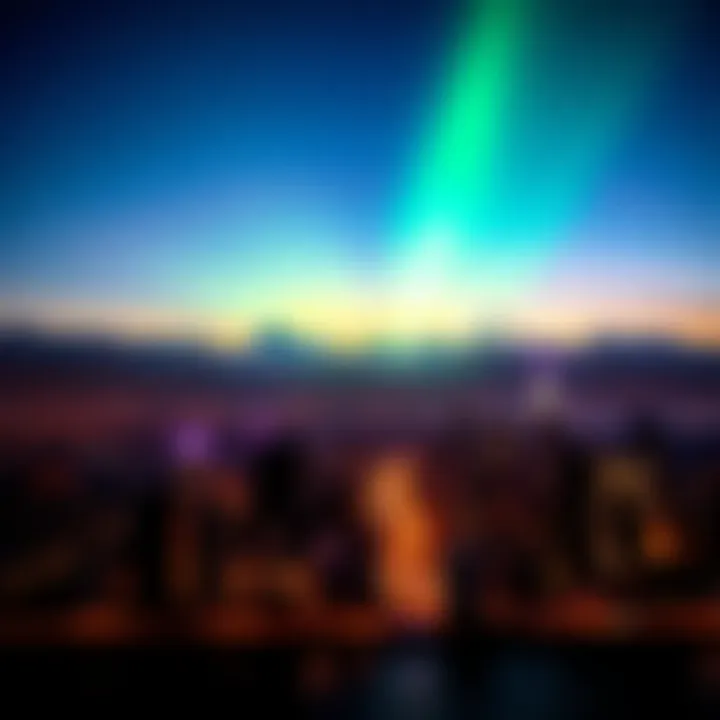A strange green light shining above a city skyline at twilight