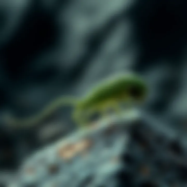 A peculiar green parasite from a meteorite in Mexico, showing a color change to black as it grows, with a blurry background of the meteorite crash site.