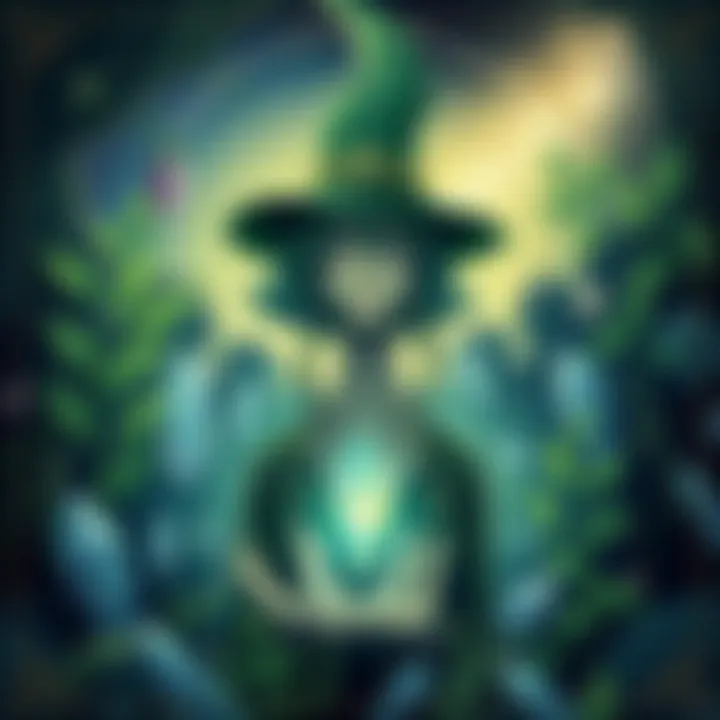 A serene illustration of a green witch surrounded by nature, with plants and crystals reflecting her connection to the earth, symbolizing spirituality and personal growth.