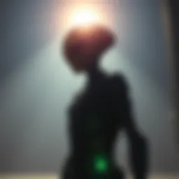 A figure resembling Greer stands under a bright light, suggesting an otherworldly presence.