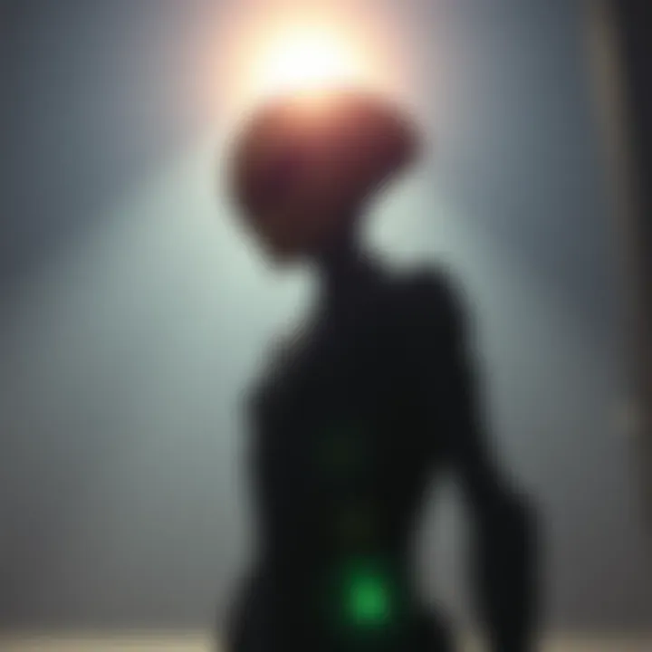 Greer in a bright light A figure resembling Greer stands under a bright light, suggesting an otherworldly presence.