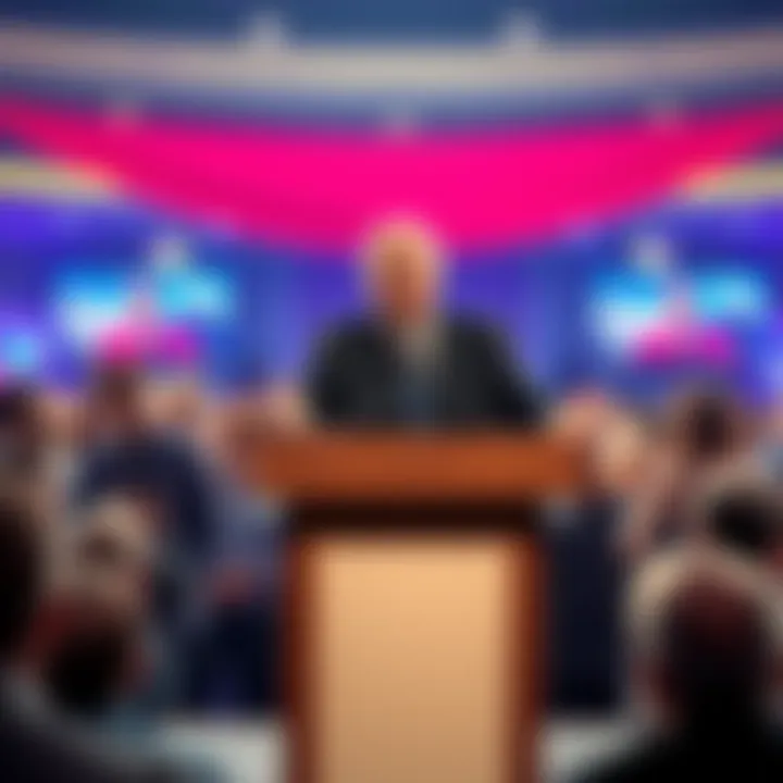 A man named Greer standing at a podium addressing a crowd with a confused audience in the background