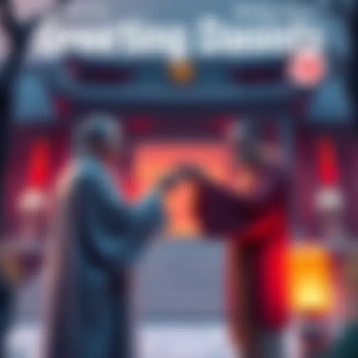 A person greeting a Daoist with a respectful gesture, surrounded by nature and Taoist symbols.