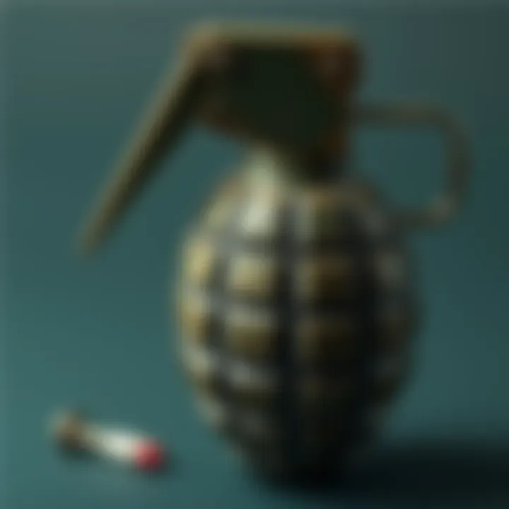 A close-up view of a grenade with the pin removed, illustrating the safety risks involved with handling explosives.